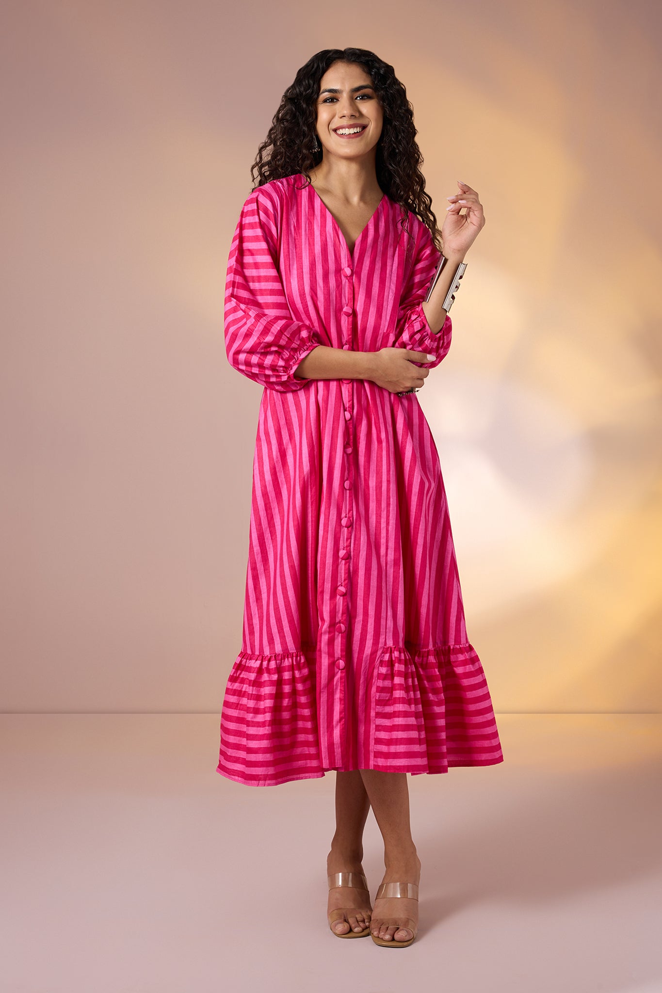Blush Bold Bands Midi Dress with Ruffle Border
