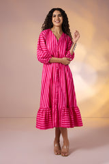 Blush Bold Bands Midi Dress with Ruffle Border