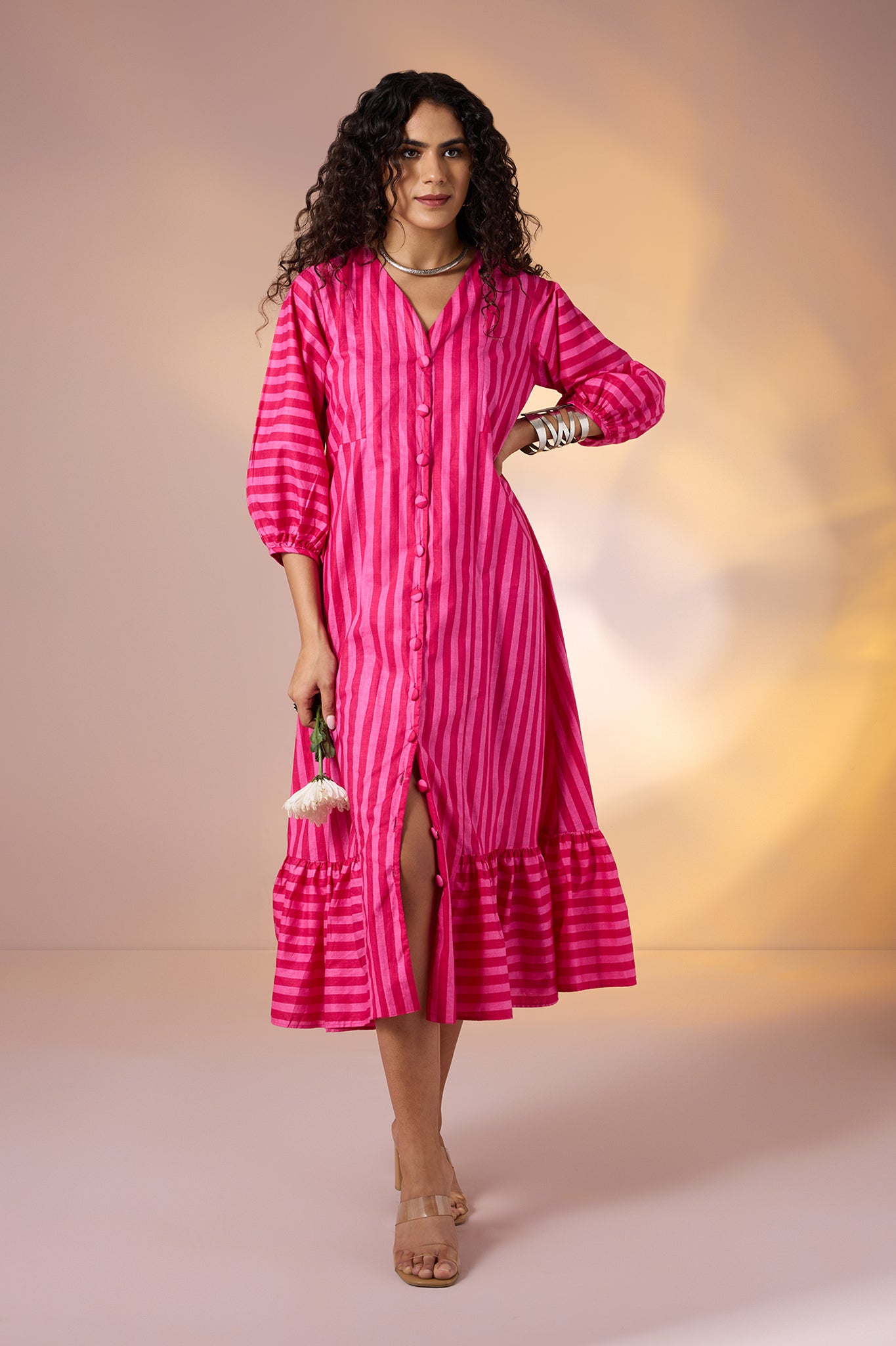 Blush Bold Bands Midi Dress with Ruffle Border