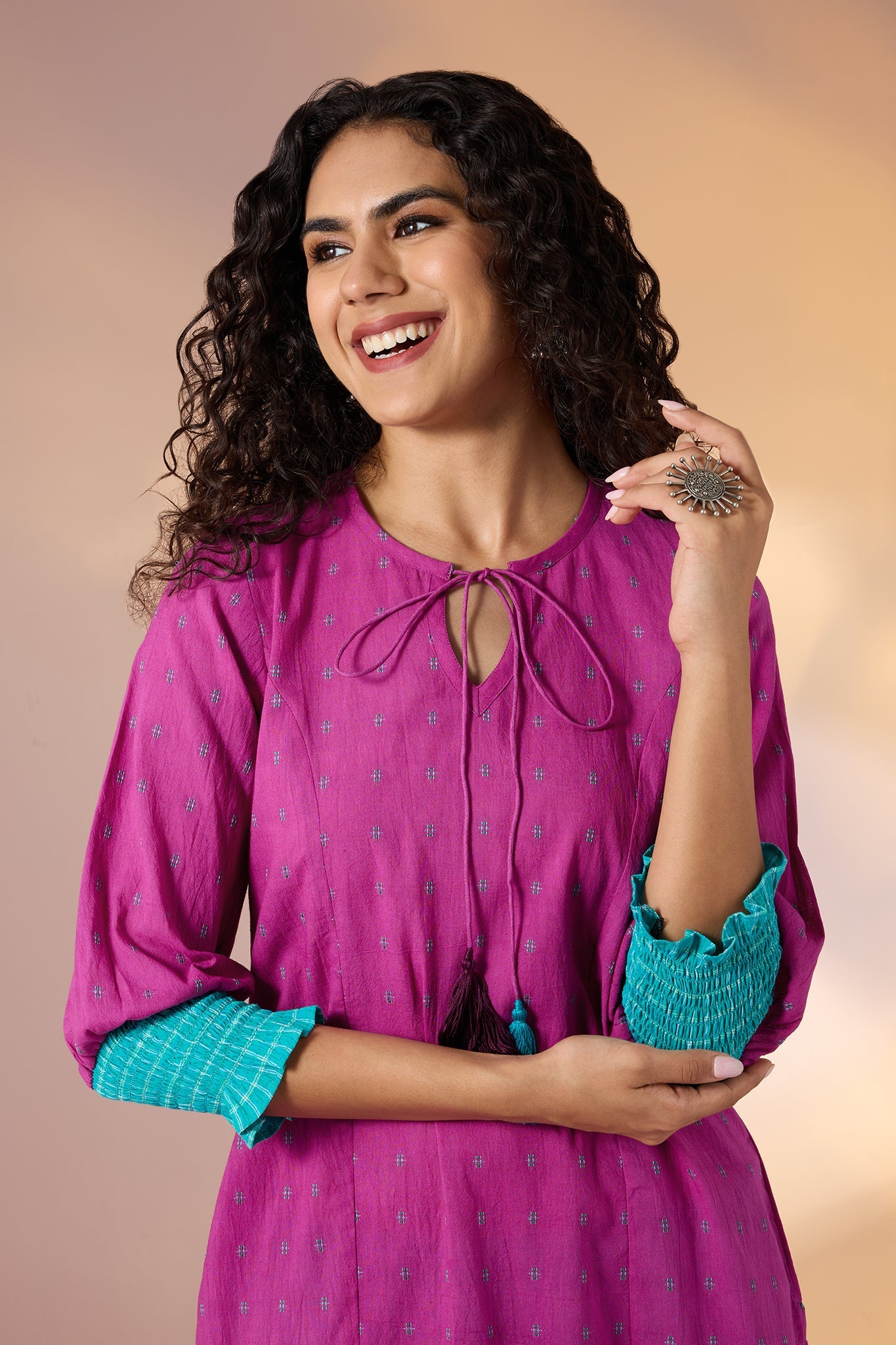 Long Kurta - Falsa Bloom with Smocked Sleeve & Tassels