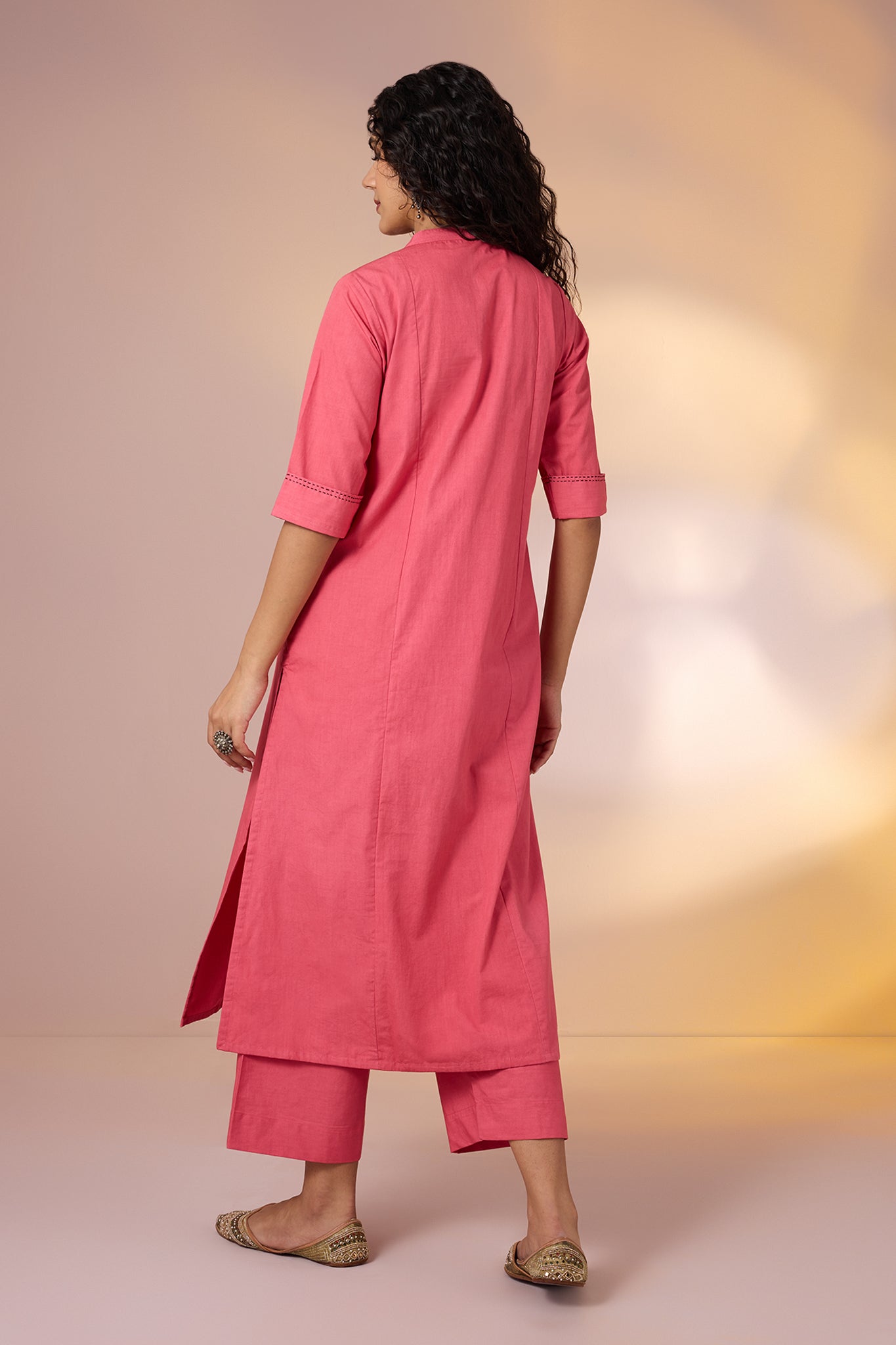 Coord Set Peach Birdsong Long Panel Applique Kurta & Pants(set of 2)