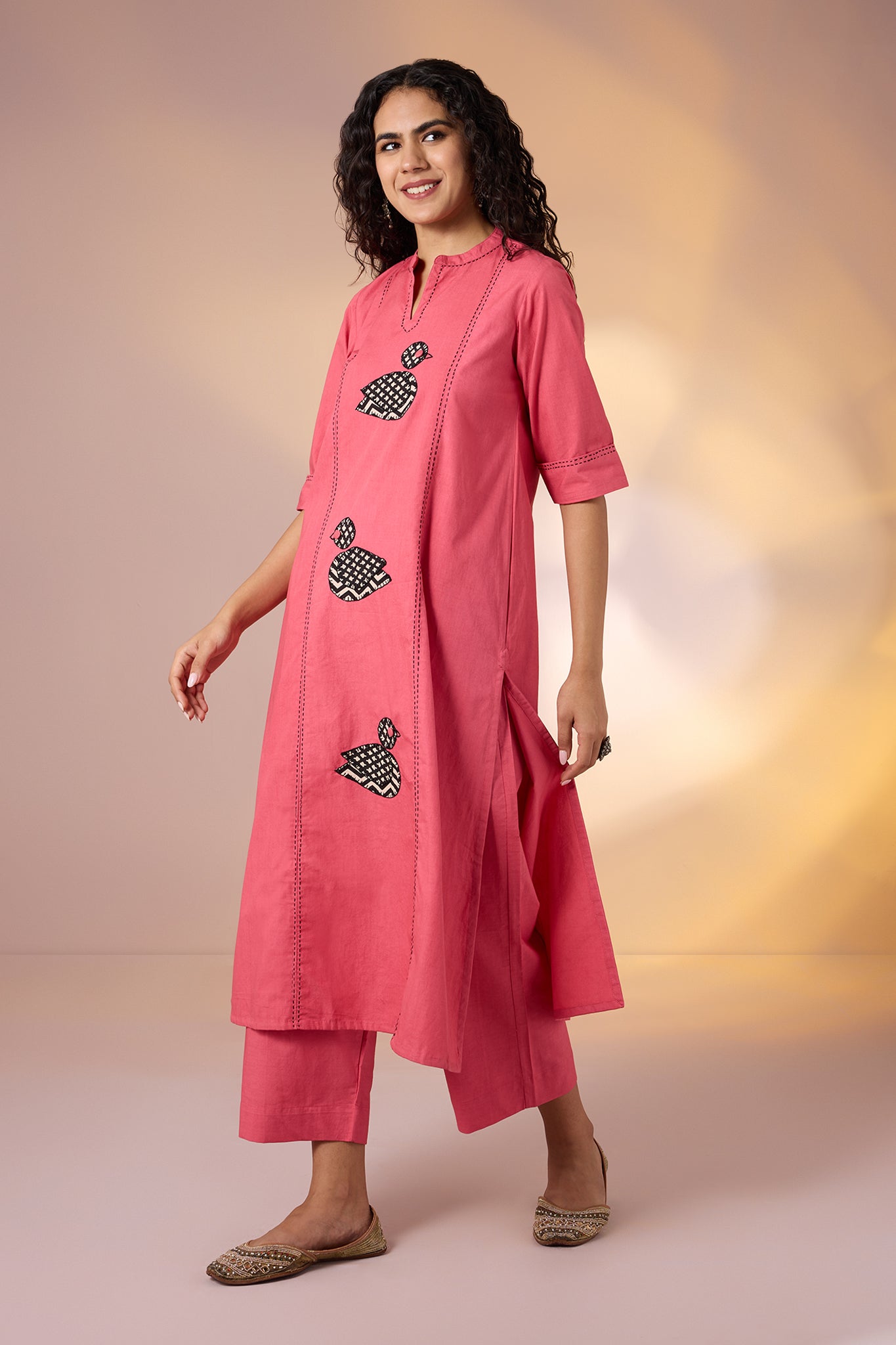 Coord Set Peach Birdsong Long Panel Applique Kurta & Pants(set of 2)