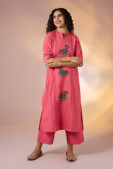 Coord Set Peach Birdsong Long Panel Applique Kurta & Pants(set of 2)