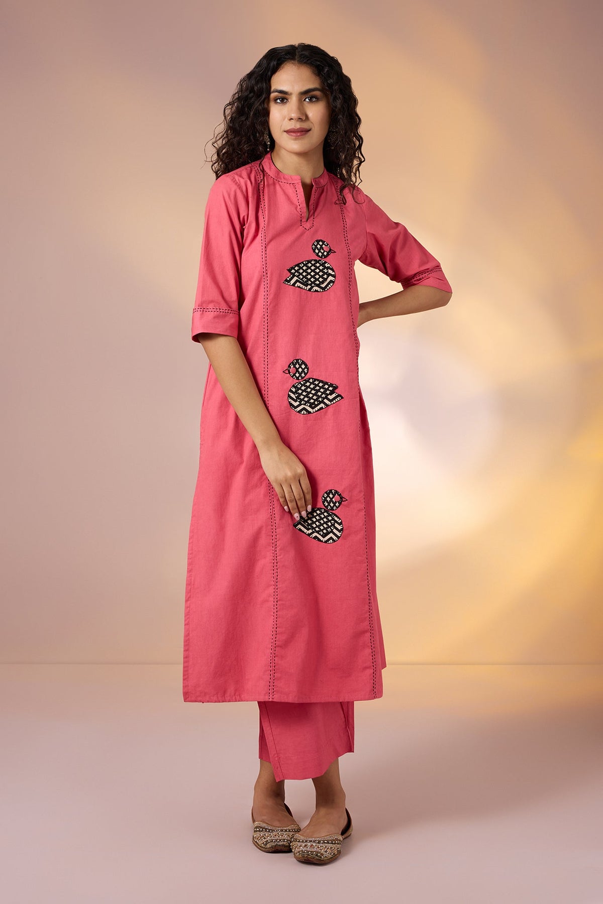 Coord Set Peach Birdsong Long Panel Applique Kurta & Pants(set of 2)