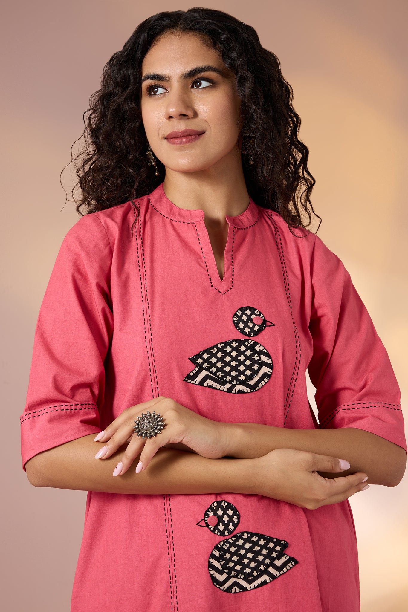 Coord Set Peach Birdsong Long Panel Applique Kurta & Pants(set of 2)
