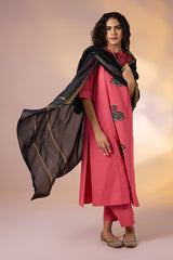 Coord Set Peach Birdsong Long Panel Applique Kurta & Pants(set of 2)