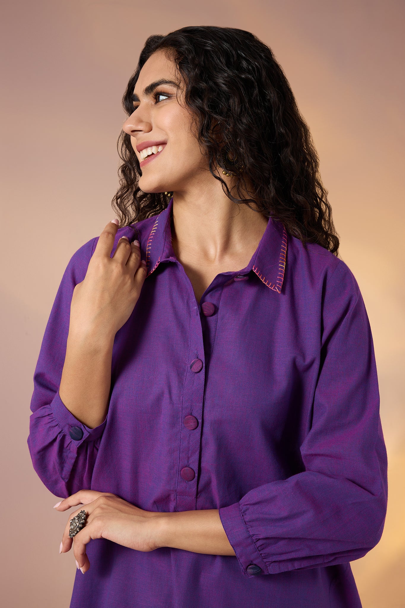 Co-ord Set Amethyst Hue Cotton Collar Kurta & Pants