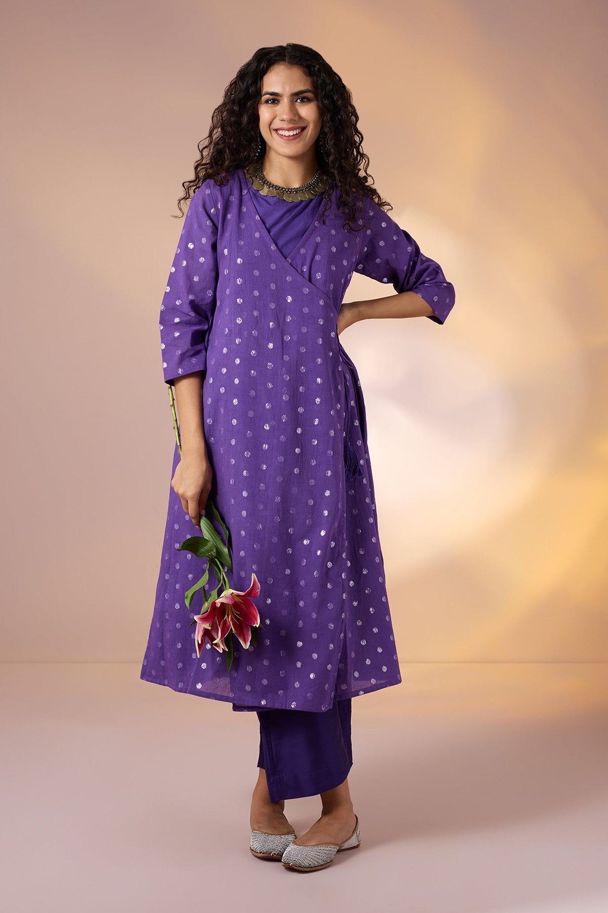 Amethyst Spark Angrakha Tie-Up Jacket & Sleeveless Dress Co-ord (set of 2)