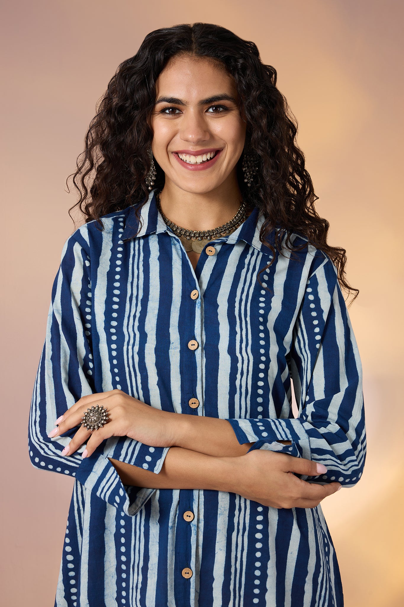 Geometry in Blue Long Shirt Dress