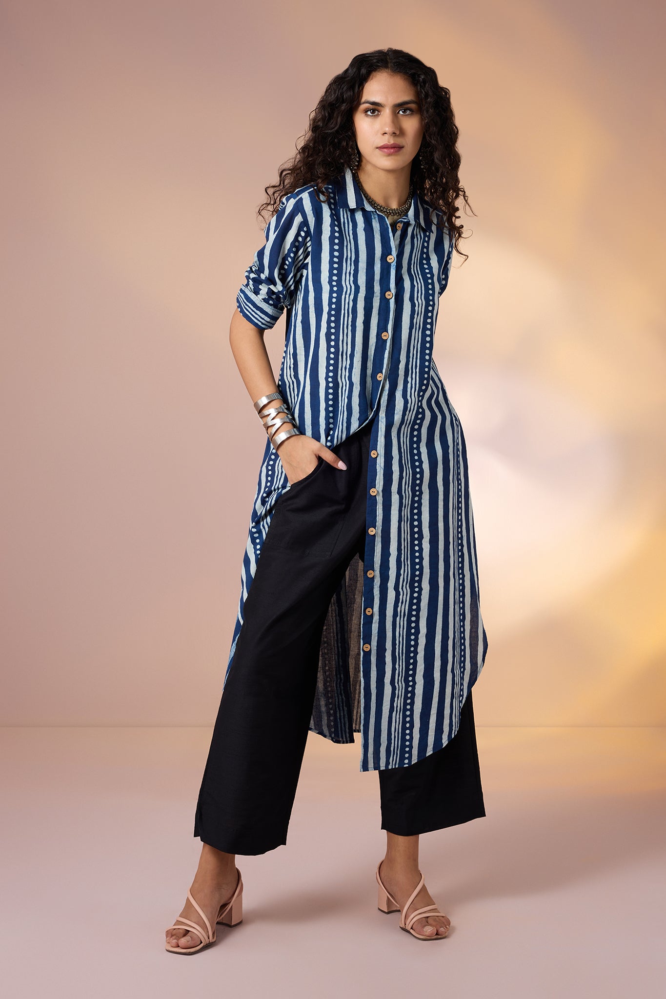 Geometry in Blue Long Shirt Dress