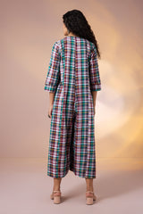 Carnival Plaid Front Zipper Cotton Jumpsuit with Pockets & Sleeves