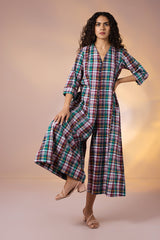 Carnival Plaid Front Zipper Cotton Jumpsuit with Pockets & Sleeves
