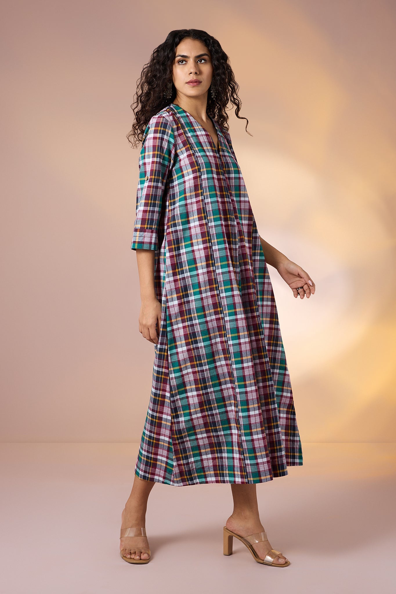 Carnival Plaid Front Zipper Cotton Jumpsuit with Pockets & Sleeves