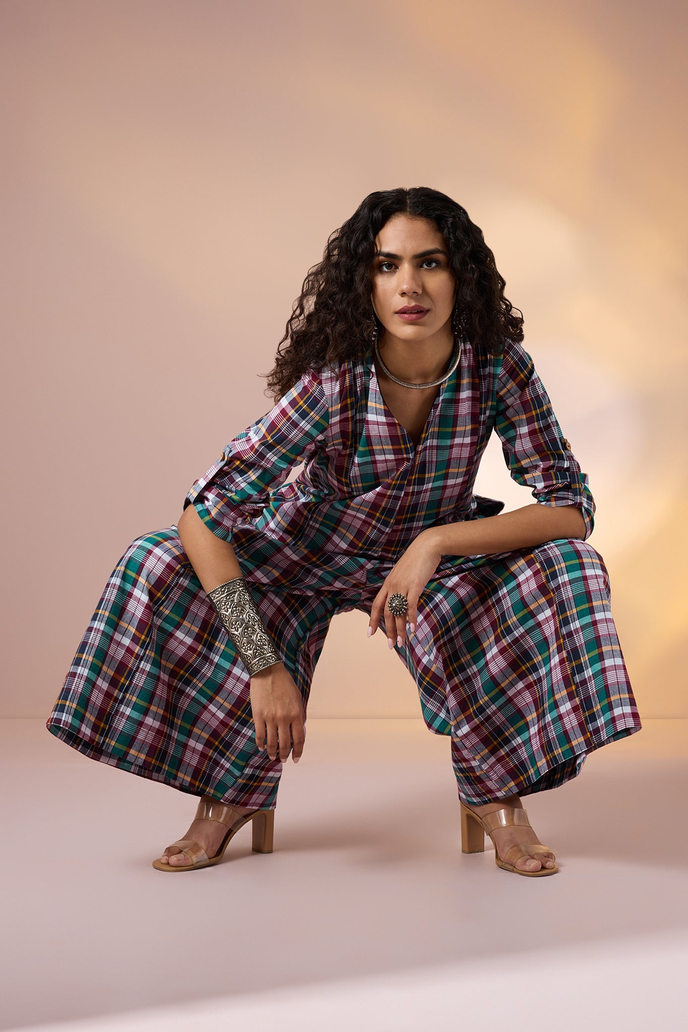 Carnival Plaid Front Zipper Cotton Jumpsuit with Pockets & Sleeves