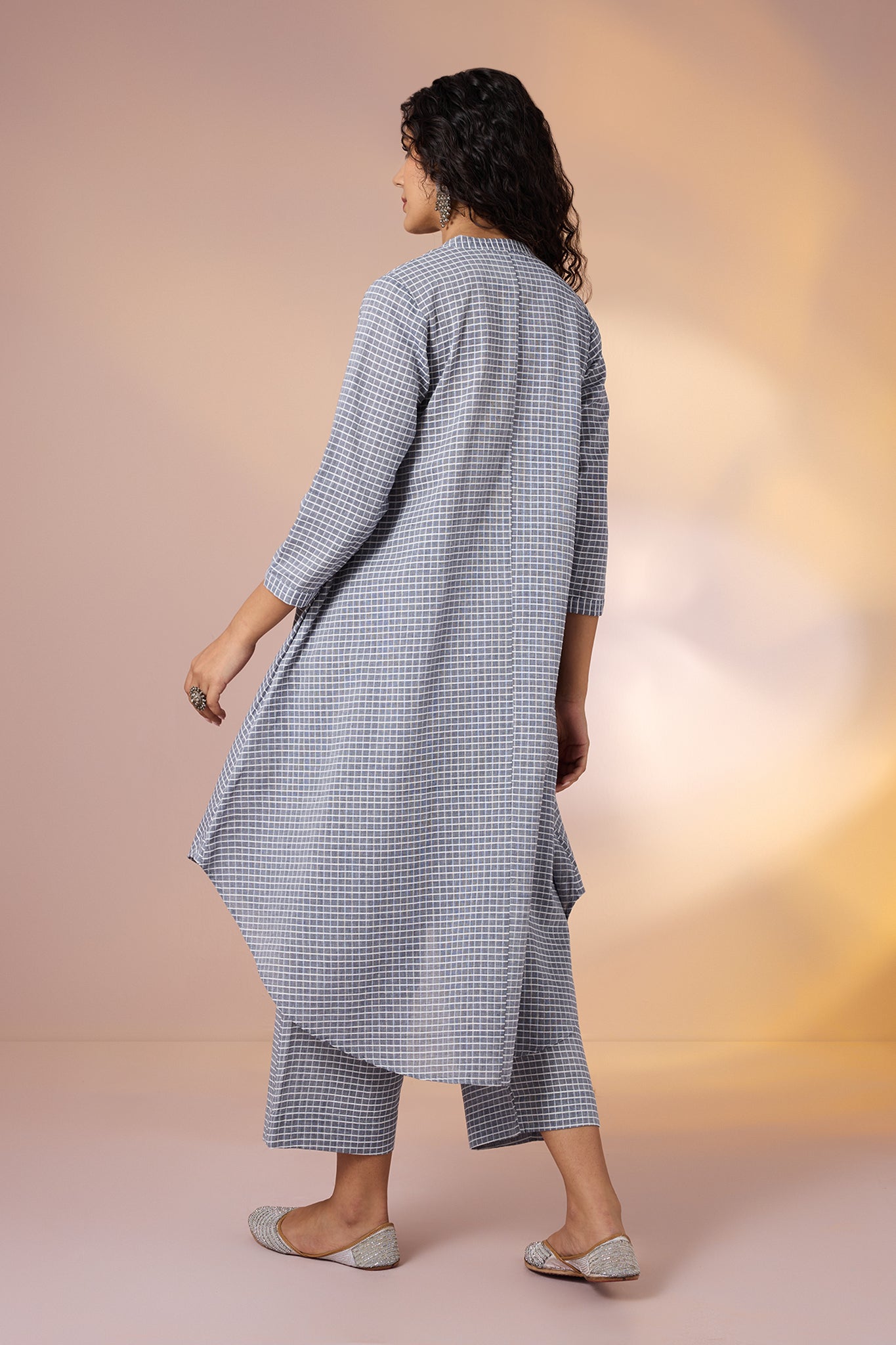 Co-ord Set Graphite Checks Cotton Asymmetrical Hemline Button Down Tunic