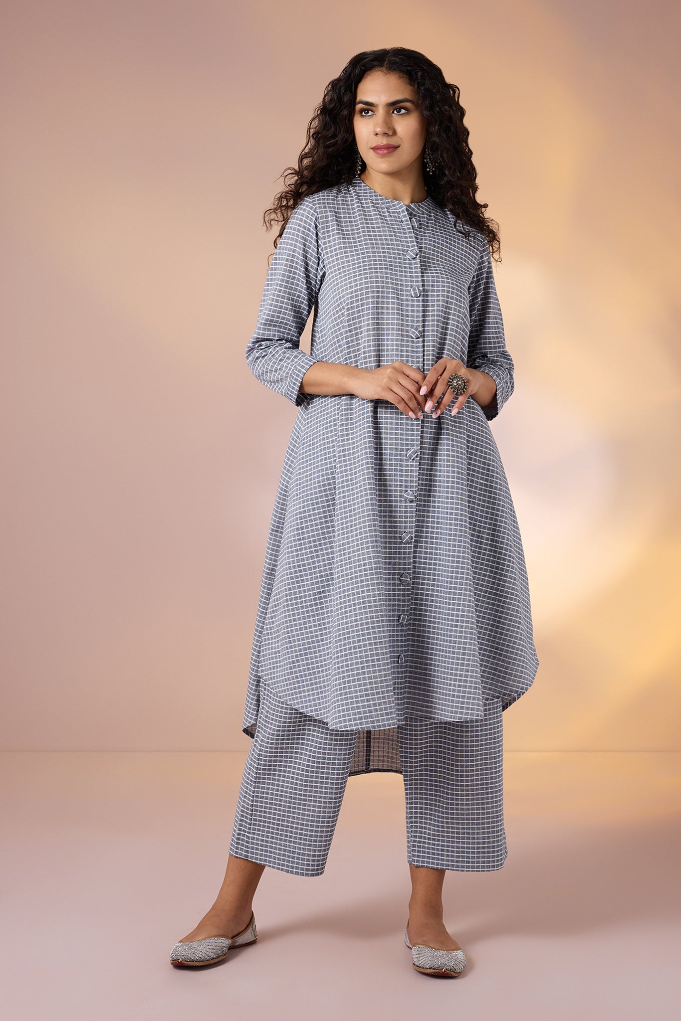 Co-ord Set Graphite Checks Cotton Asymmetrical Hemline Button Down Tunic