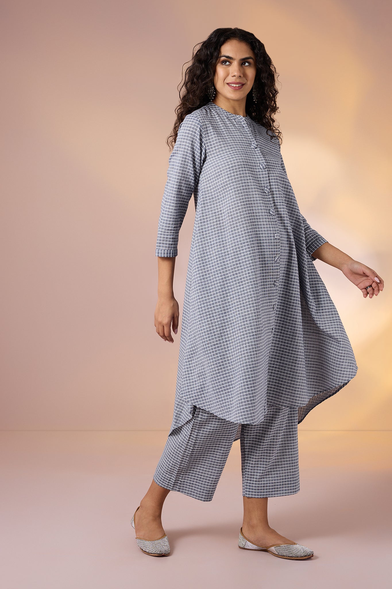 Co-ord Set Graphite Checks Cotton Asymmetrical Hemline Button Down Tunic