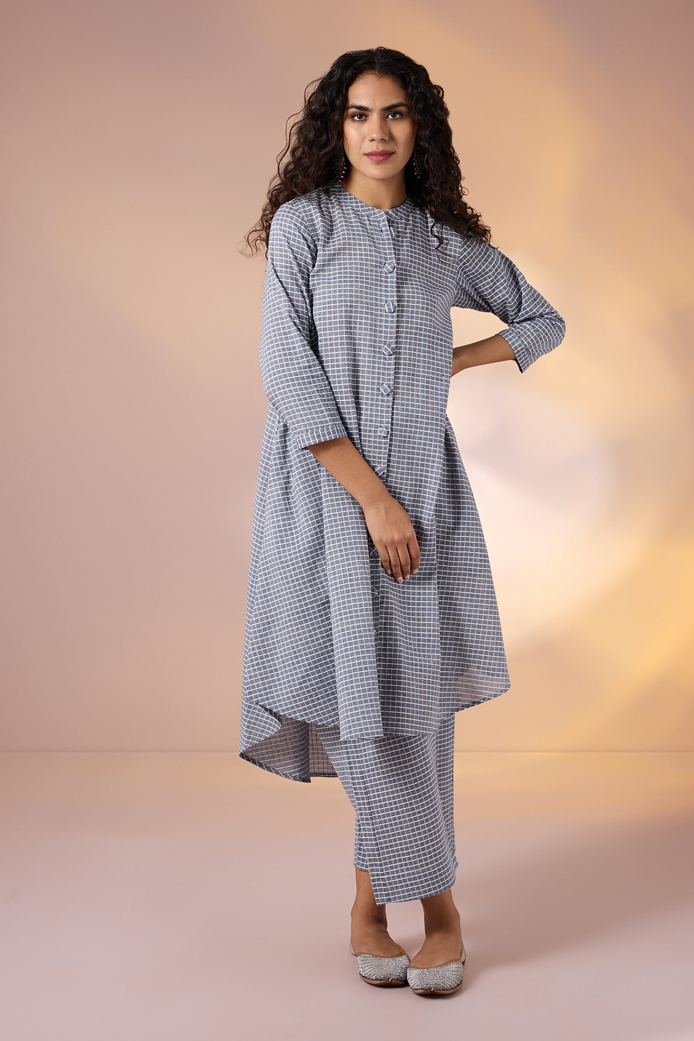 Co-ord Set Graphite Checks Cotton Asymmetrical Hemline Button Down Tunic