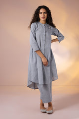 Co-ord Set Graphite Checks Cotton Asymmetrical Hemline Button Down Tunic