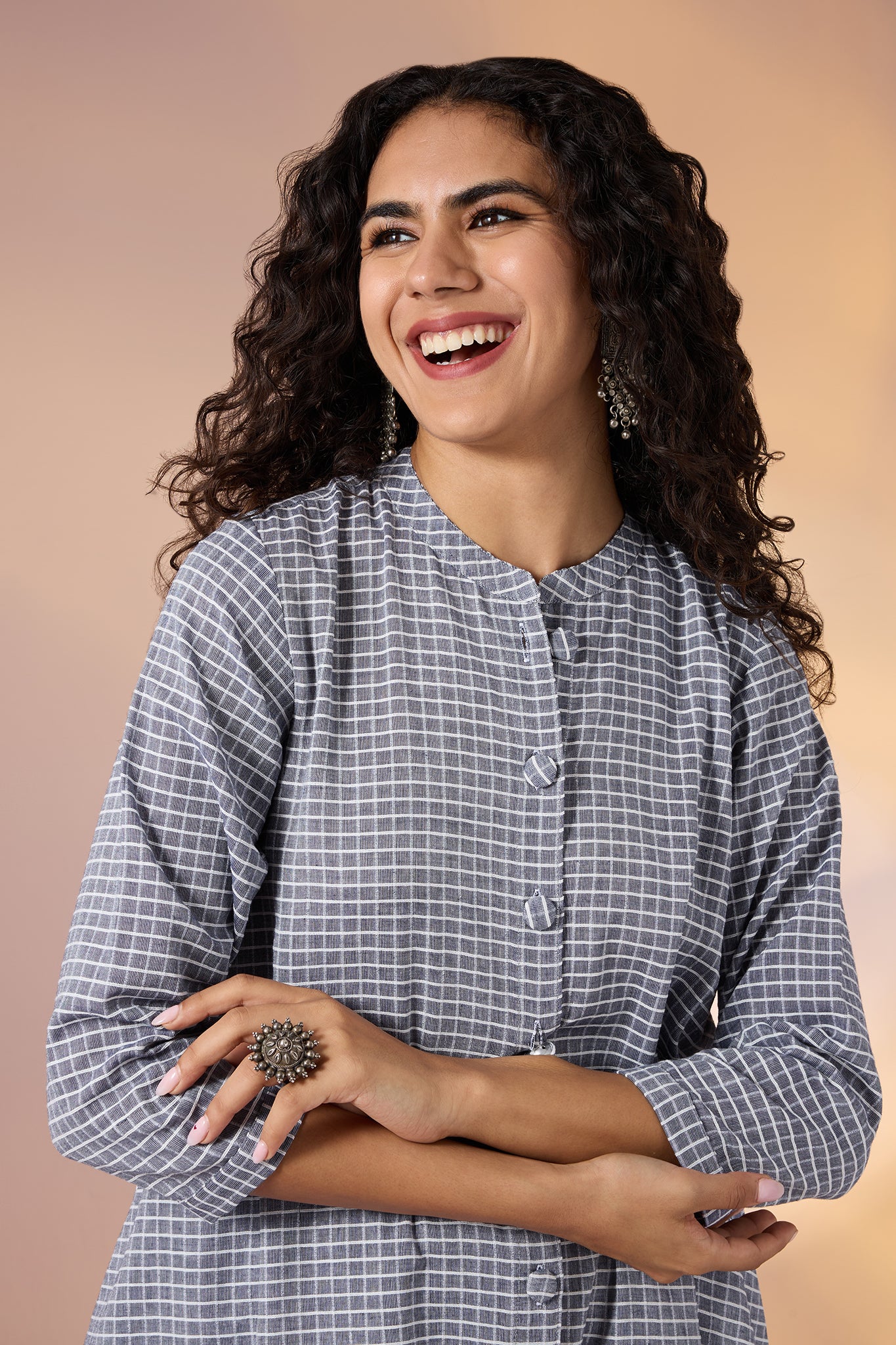 Co-ord Set Graphite Checks Cotton Asymmetrical Hemline Button Down Tunic