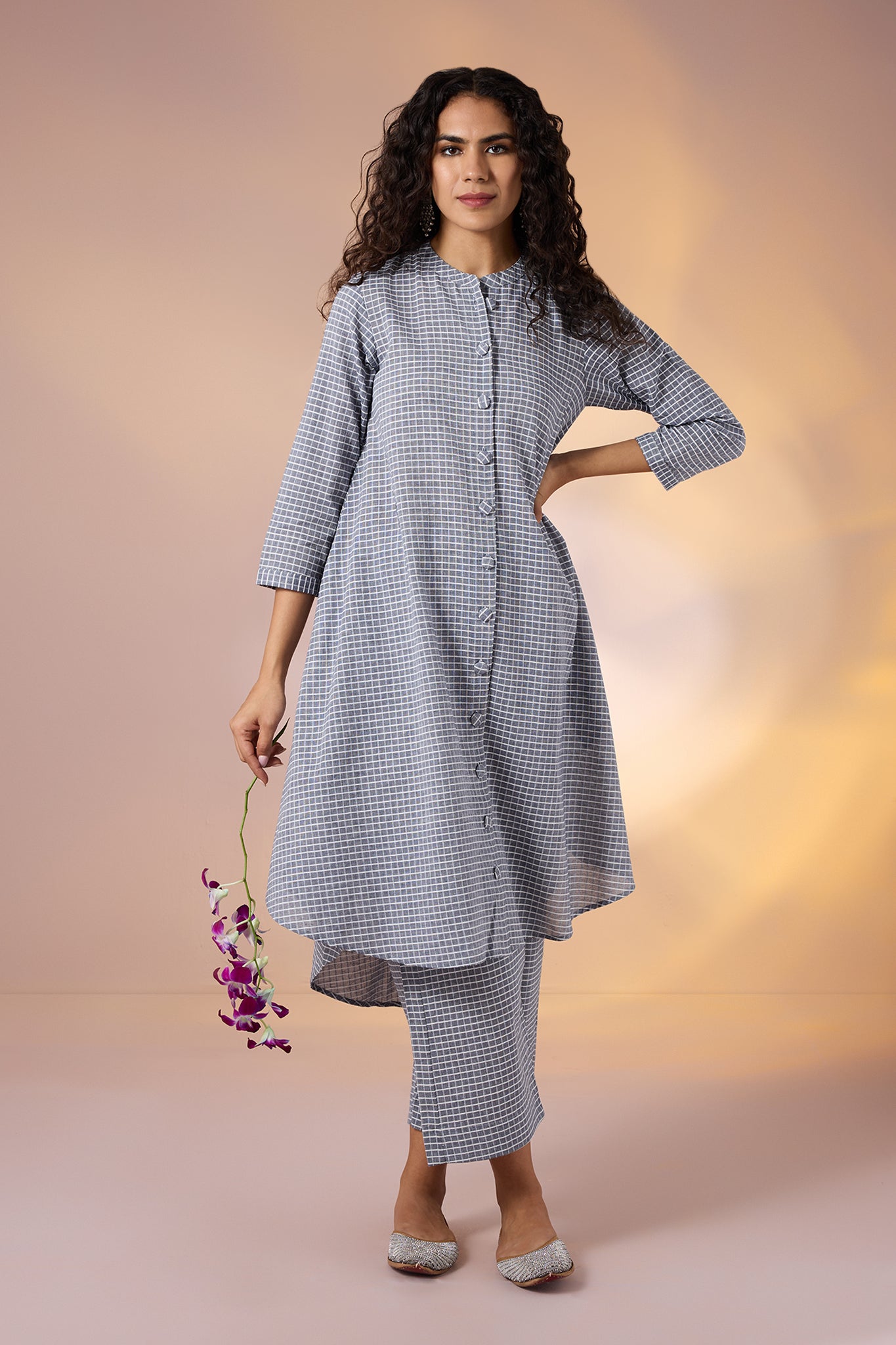 Co-ord Set Graphite Checks Cotton Asymmetrical Hemline Button Down Tunic
