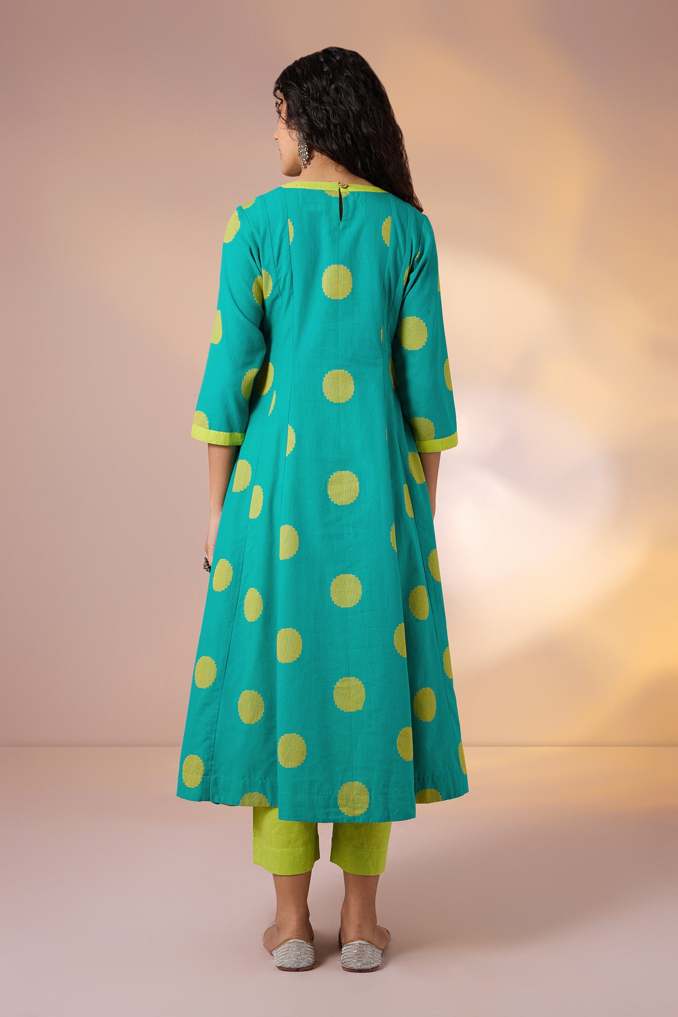 Chartreuse Dots Cotton V Neck Anarkali