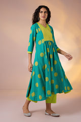 Chartreuse Dots Cotton V Neck Anarkali