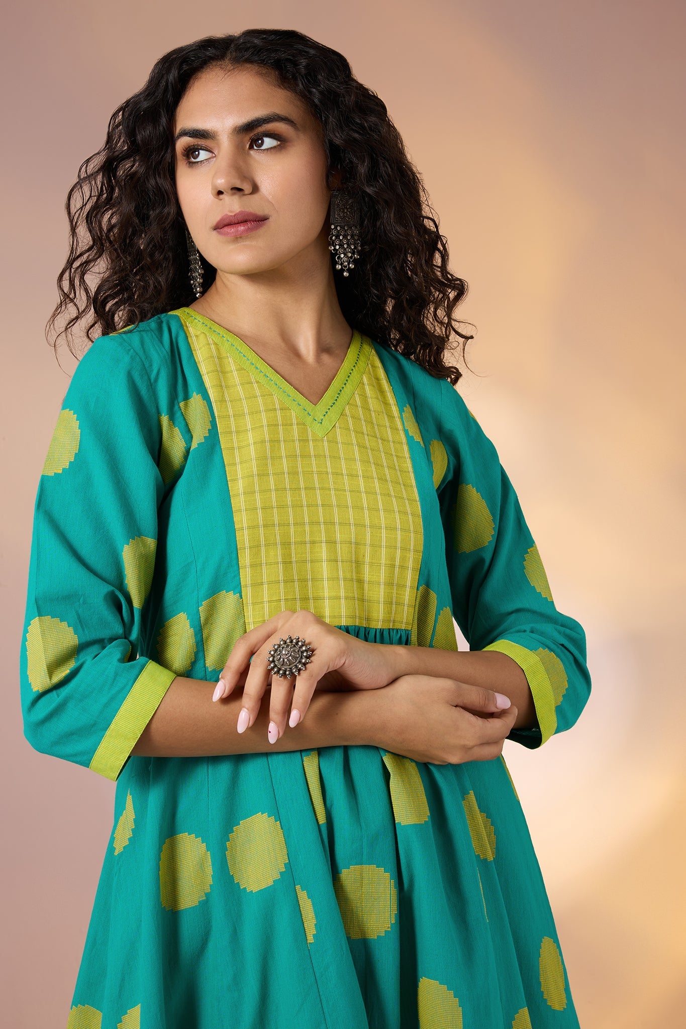 Chartreuse Dots Cotton V Neck Anarkali