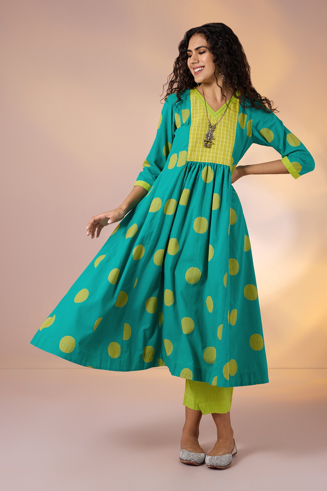 Chartreuse Dots Cotton V Neck Anarkali