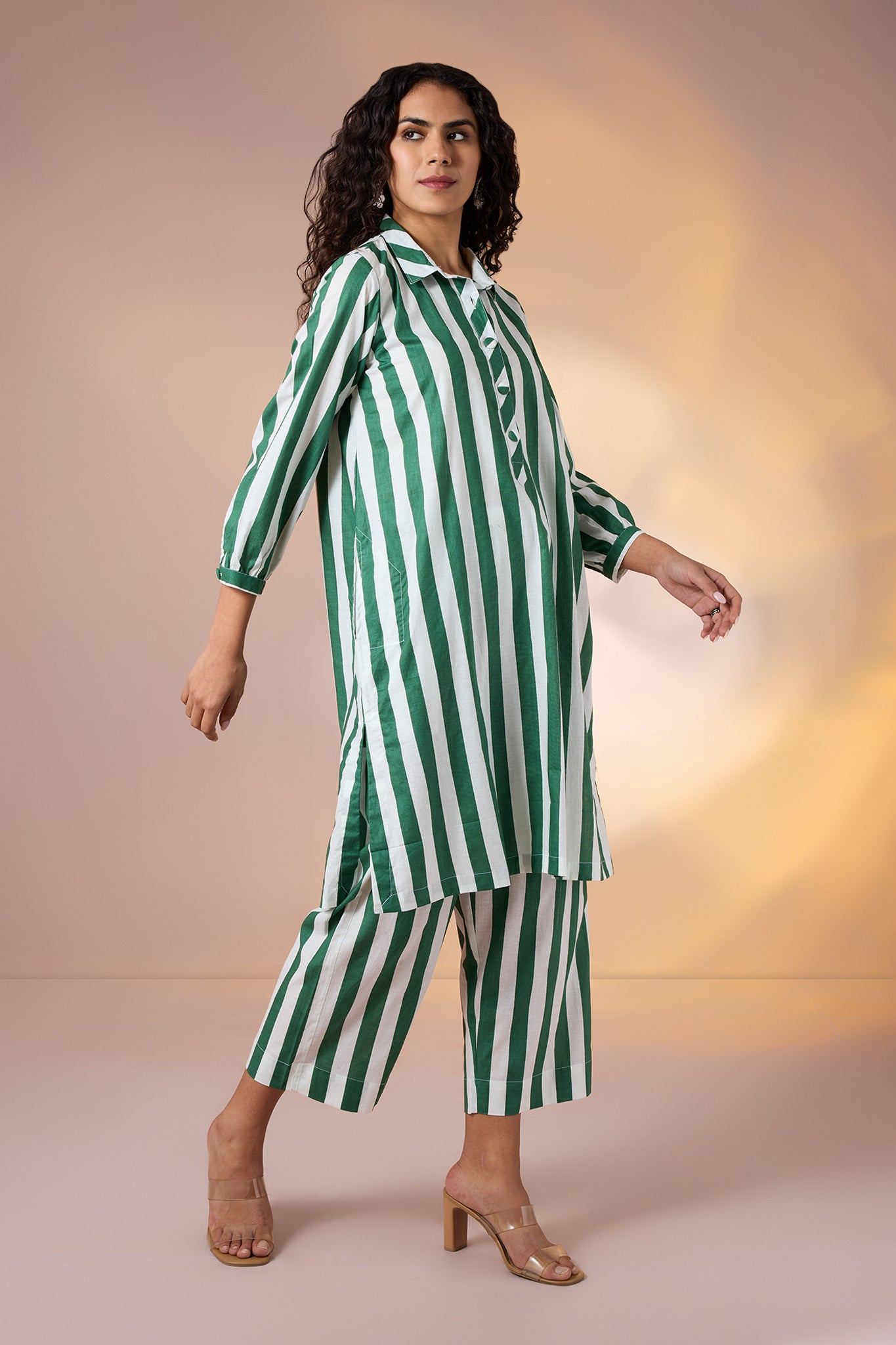 Co-ord Set Emerald Bar Cotton Collar Kurta & Pants