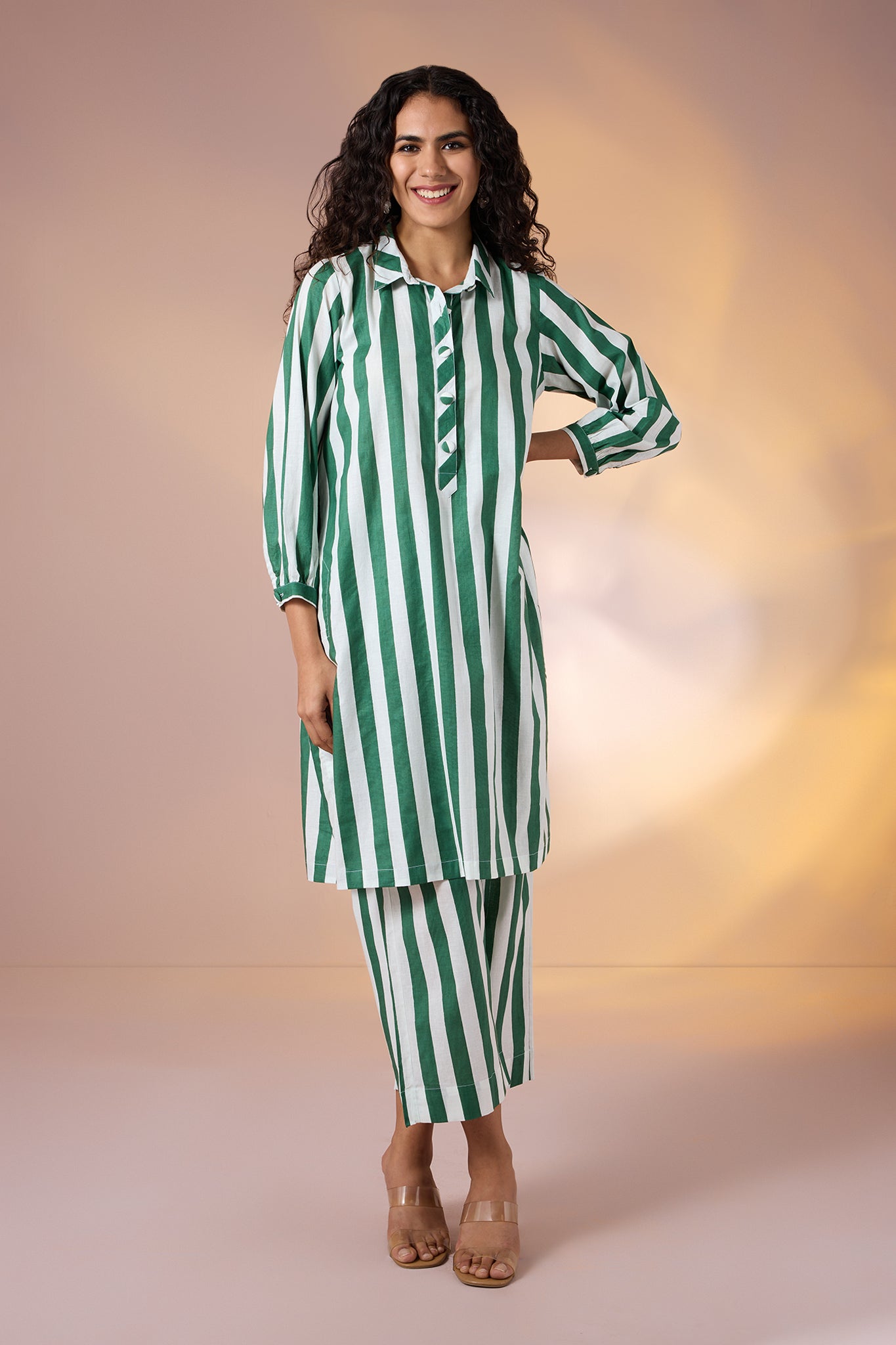 Co-ord Set Emerald Bar Cotton Collar Kurta & Pants