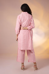 Coord Set Pin Coral Chant Stripes Collar Kurta and Pants