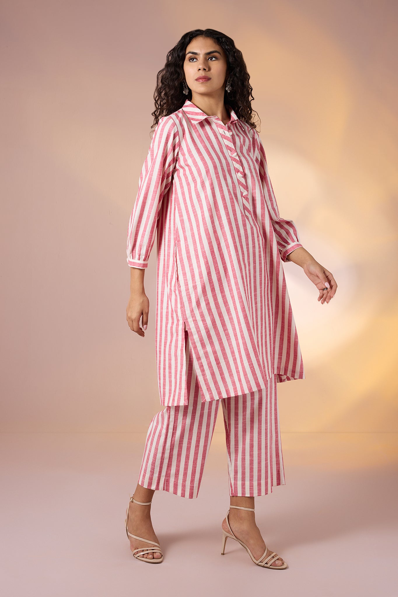 Coord Set Pin Coral Chant Stripes Collar Kurta and Pants