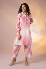 Coord Set Pin Coral Chant Stripes Collar Kurta and Pants