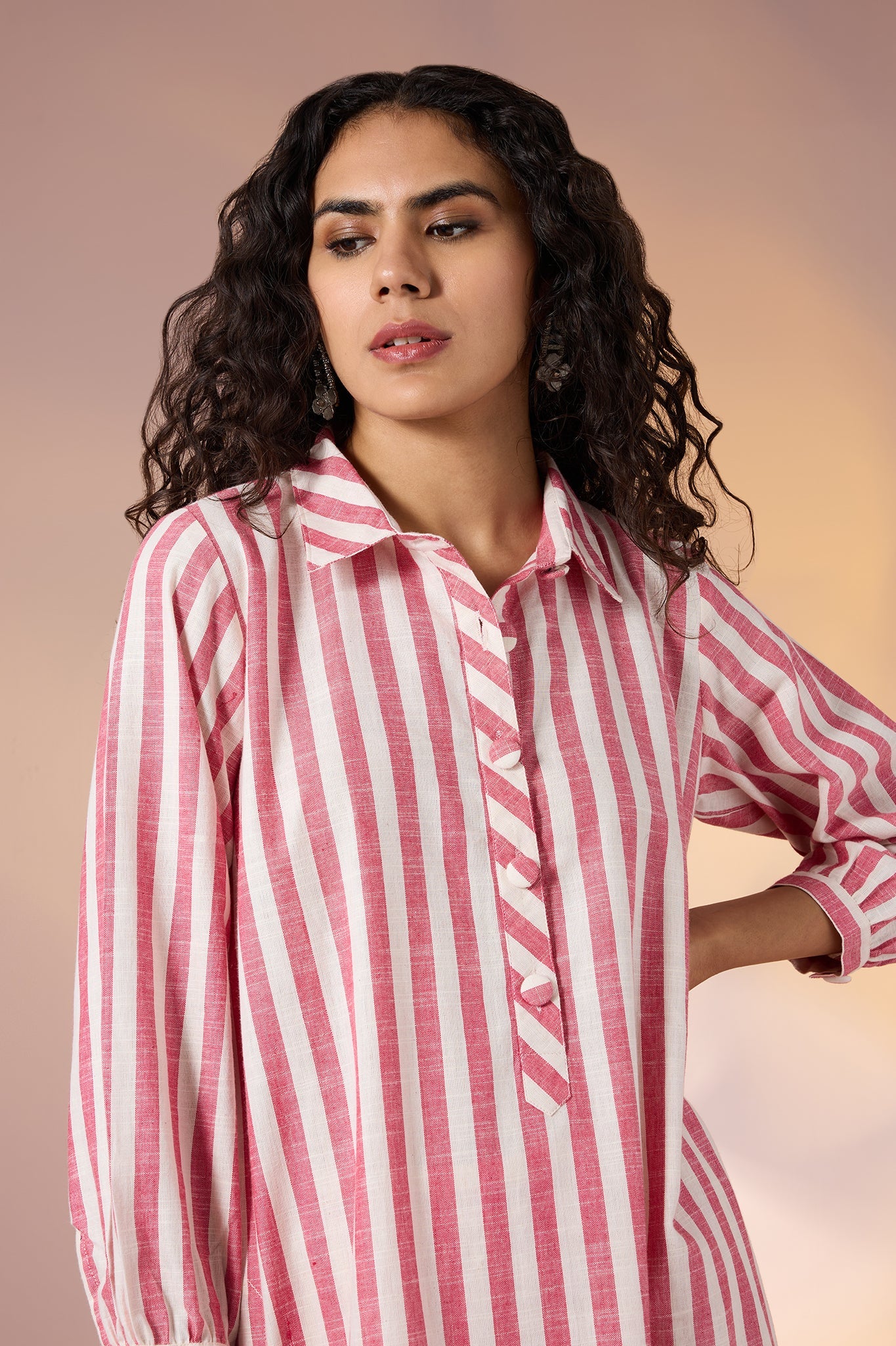 Coord Set Pin Coral Chant Stripes Collar Kurta and Pants