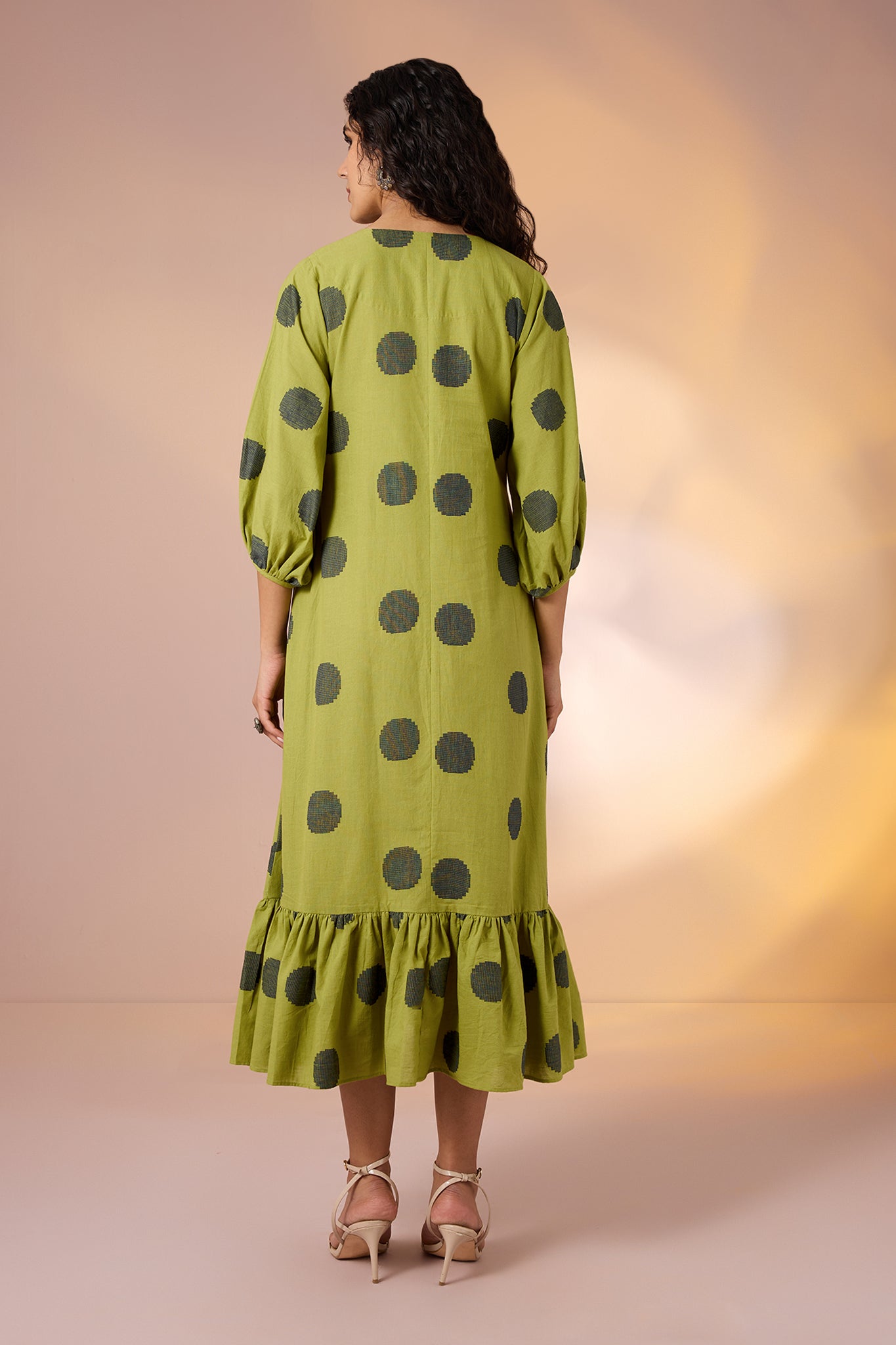 Midnight Green Cotton Midi Dress with Polka & Ruffle Border
