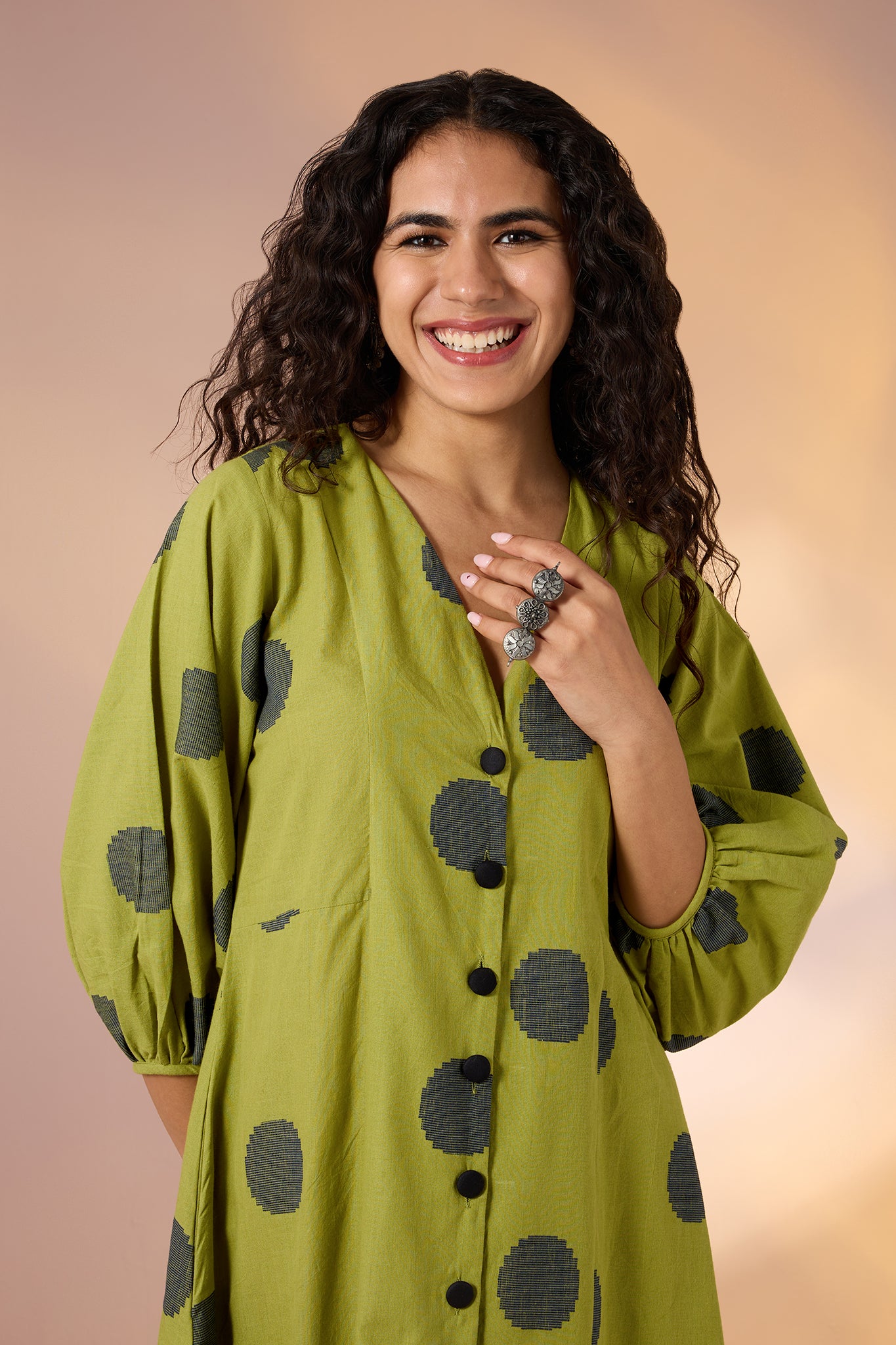 Midnight Green Cotton Midi Dress with Polka & Ruffle Border
