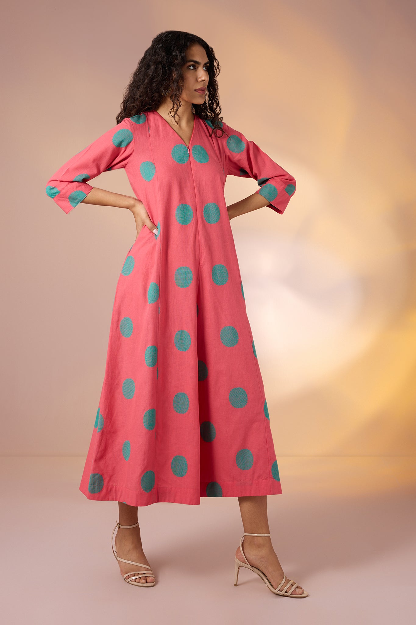 Coral Polka Front Zipper Cotton Jumpsuit with Pockets & Sleeves