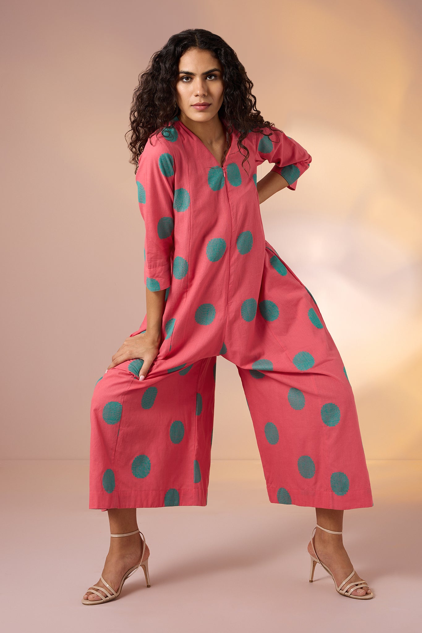 Coral Polka Front Zipper Cotton Jumpsuit with Pockets & Sleeves