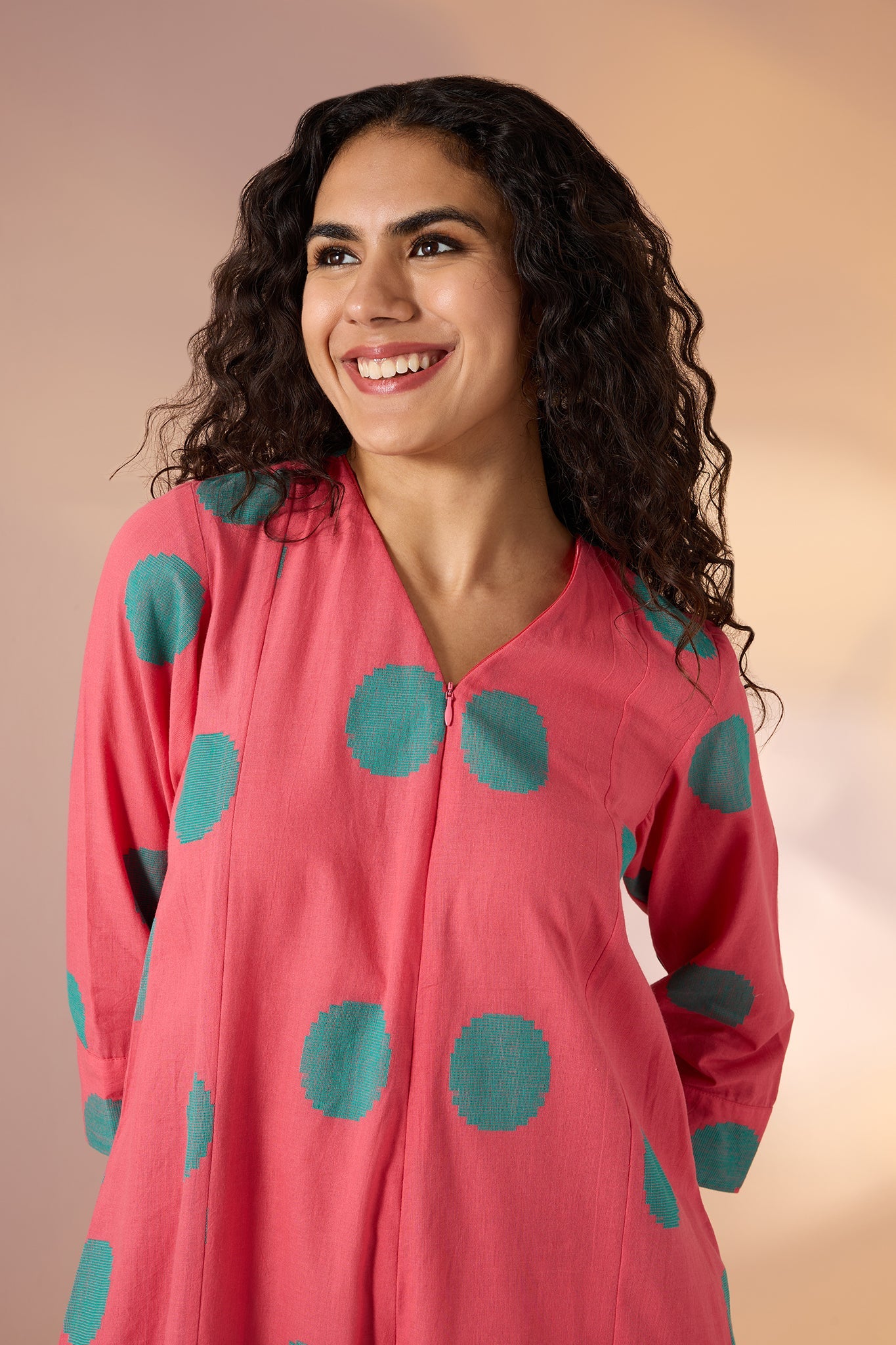 Coral Polka Front Zipper Cotton Jumpsuit with Pockets & Sleeves