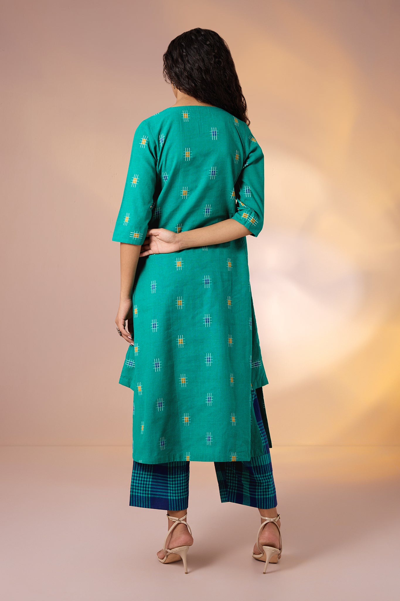 Co-ord Set Coastline Checks Long Kurta with Side Twist