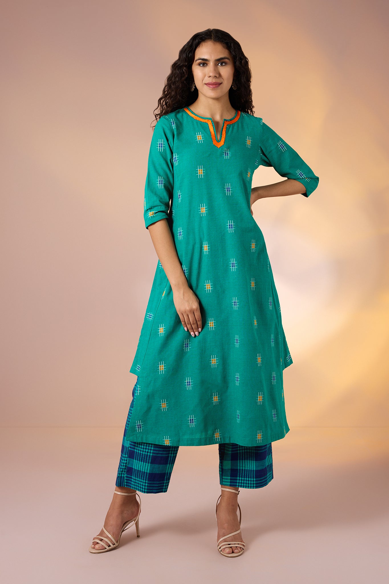 Co-ord Set Coastline Checks Long Kurta with Side Twist