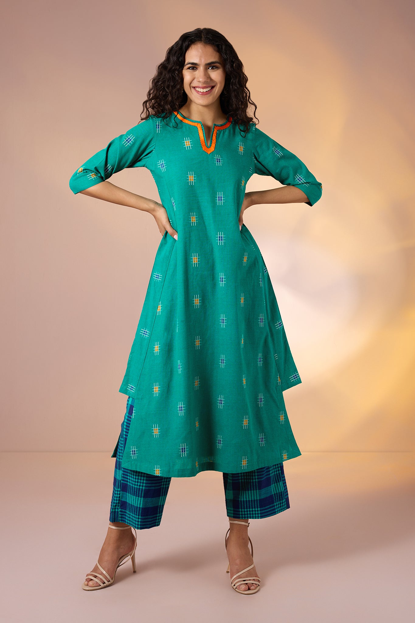 Co-ord Set Coastline Checks Long Kurta with Side Twist