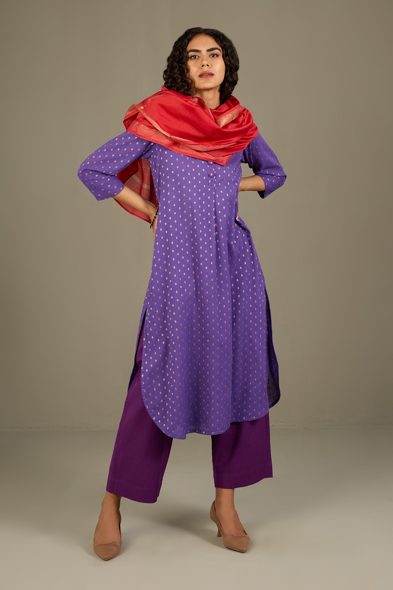 Gilded Violet Stand Collar Kurta with Round Hemline