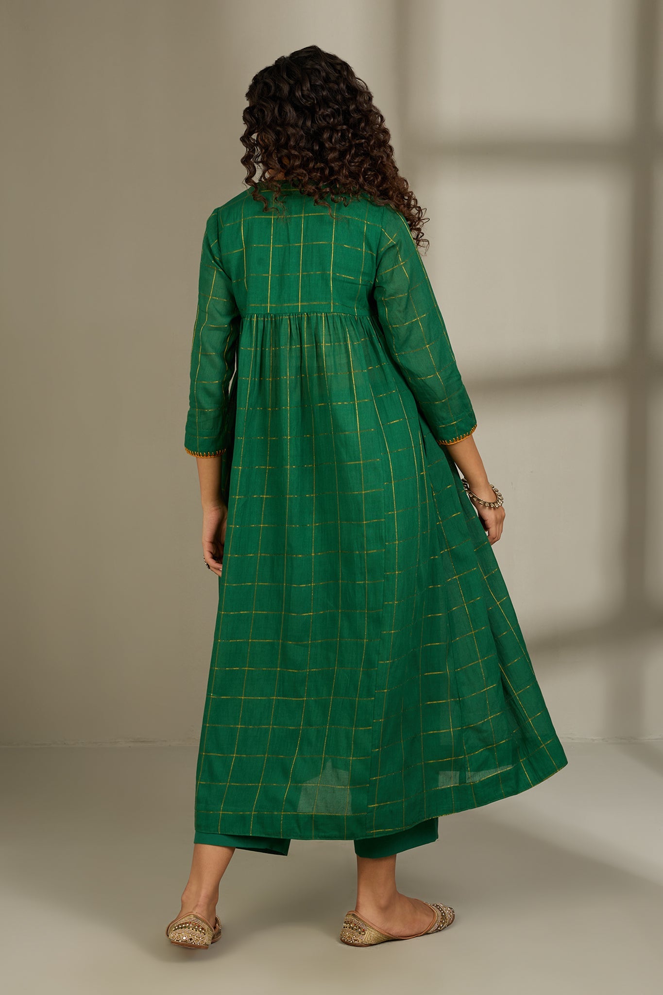 Emerald Checks  & Gold V-Neck Gather Anarkali