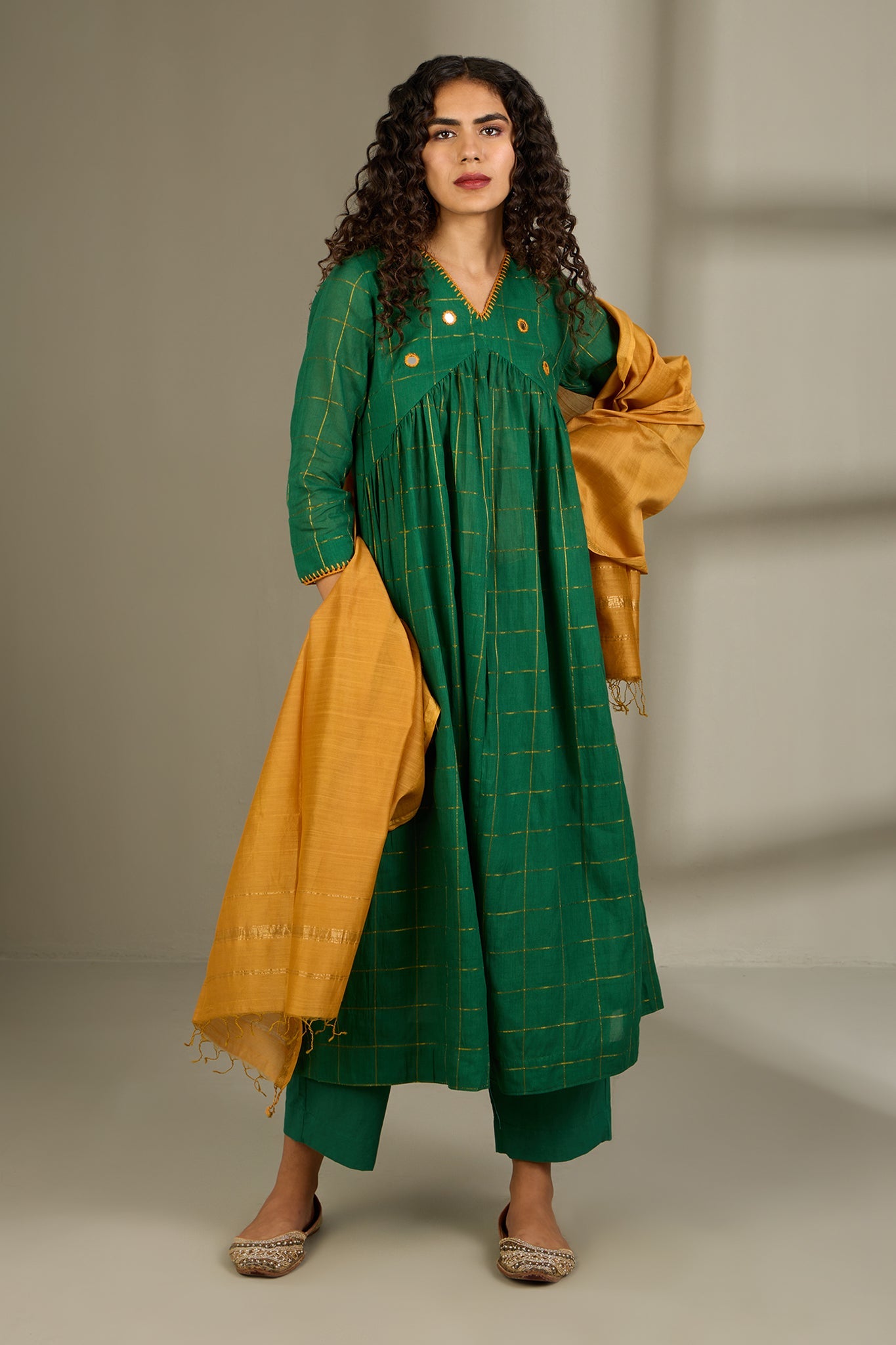 Emerald Checks  & Gold V-Neck Gather Anarkali