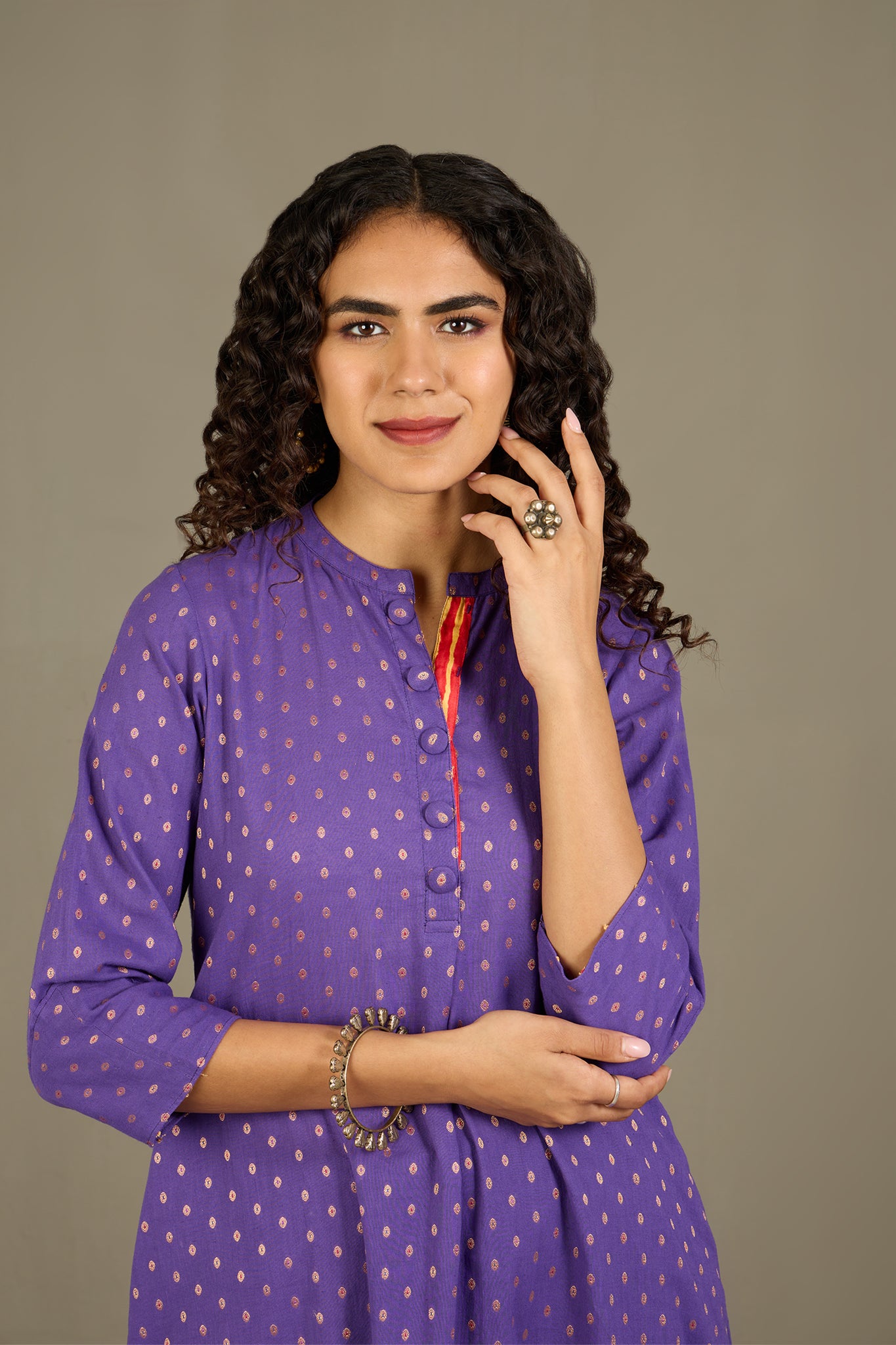 Gilded Violet Stand Collar Kurta with Round Hemline