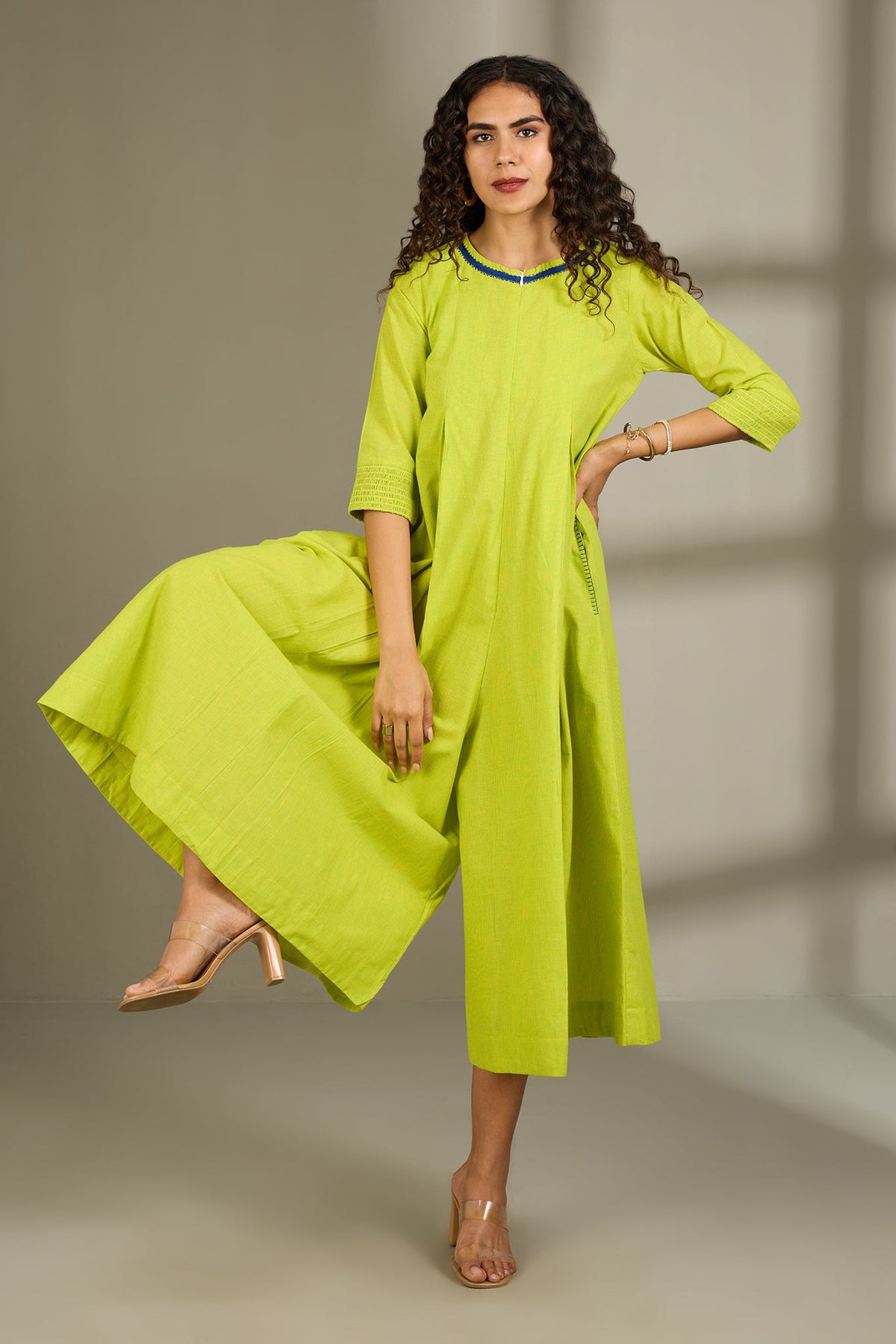 Lime Fizz Jumpsuit with Pockets & Smocked Sleeve