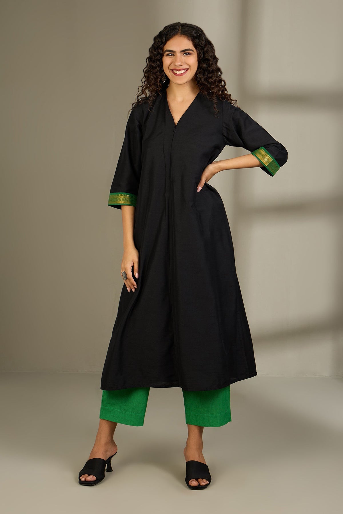 Midnight Ink & Forest Foil Front Zipper A-line Kurta