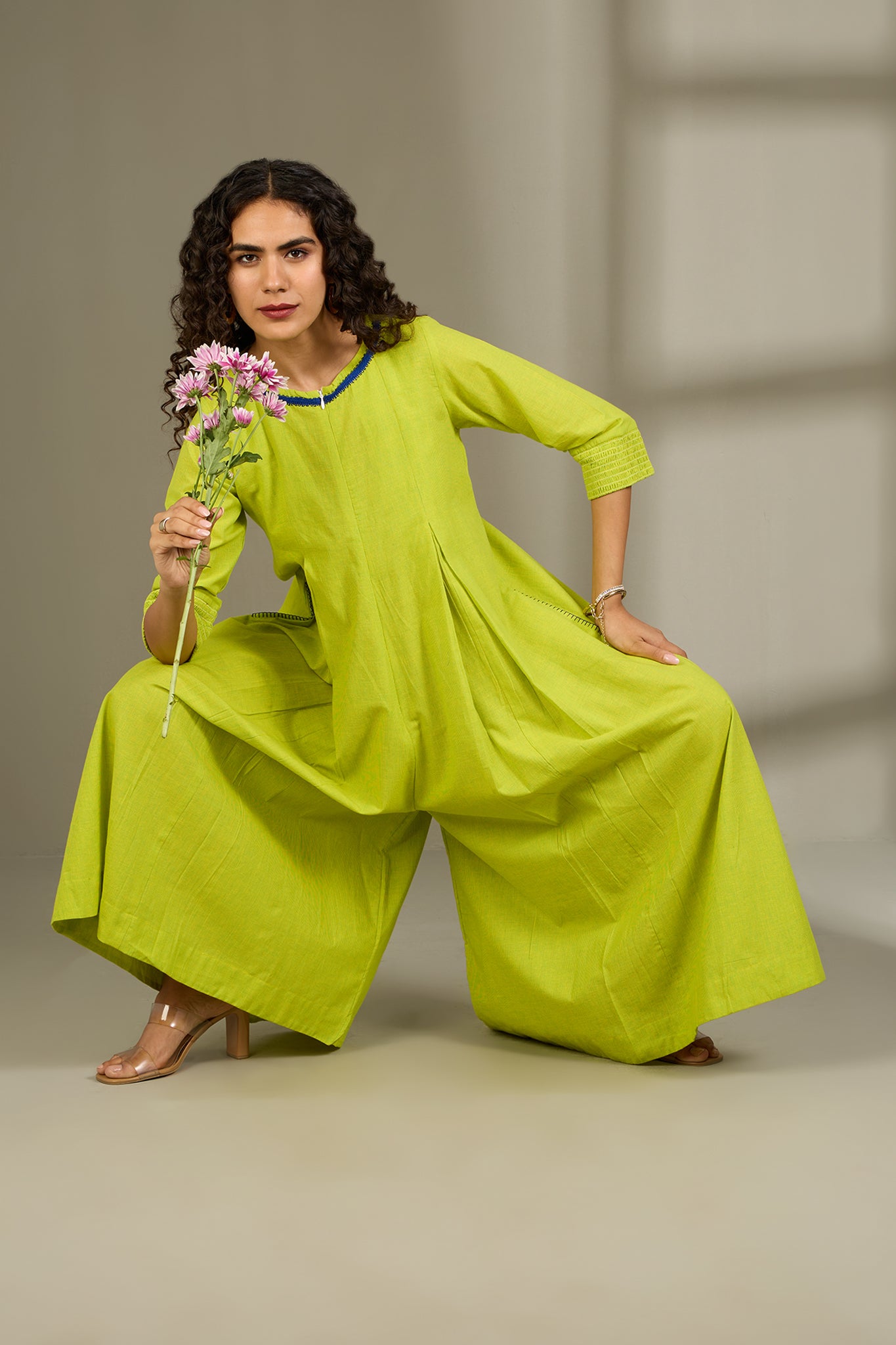Lime Fizz Jumpsuit with Pockets & Smocked Sleeve